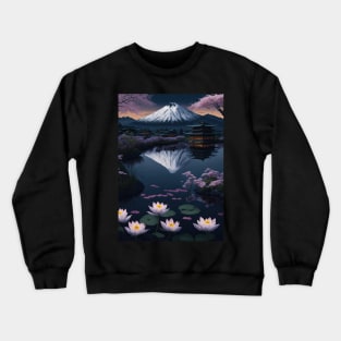 Serene Mount Fuji Sunset - Peaceful River Scenery - Lotus Flowers Crewneck Sweatshirt